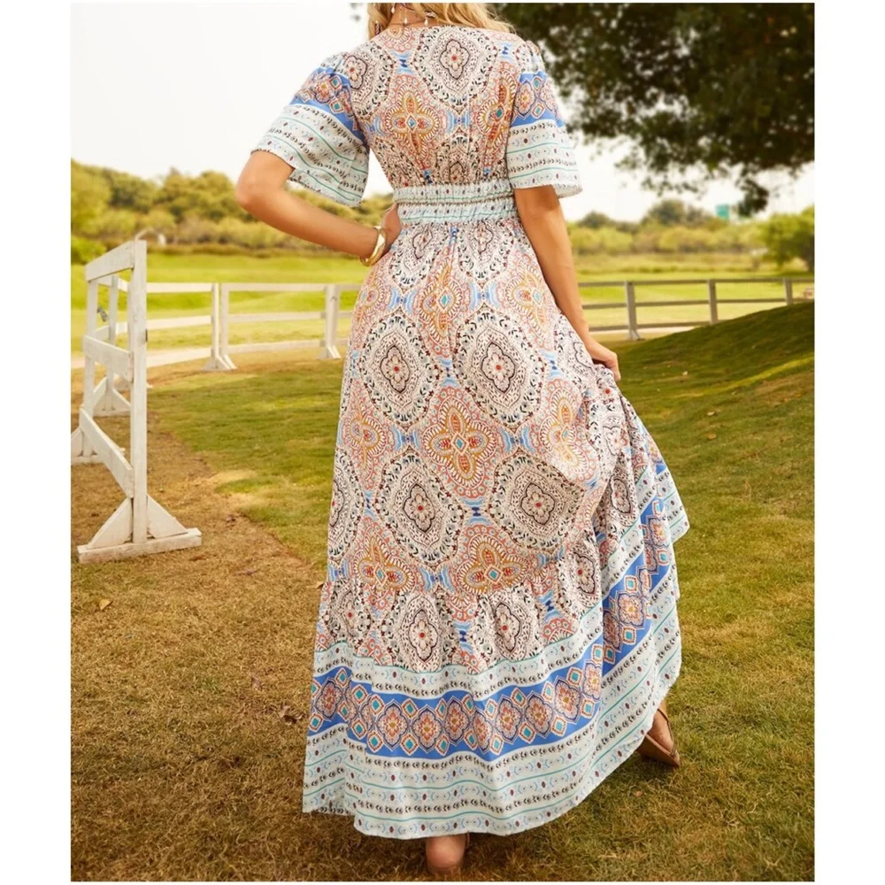 Boho Floral Print Butterfly Sleeve Maxi Dress - Picture 3 of 6